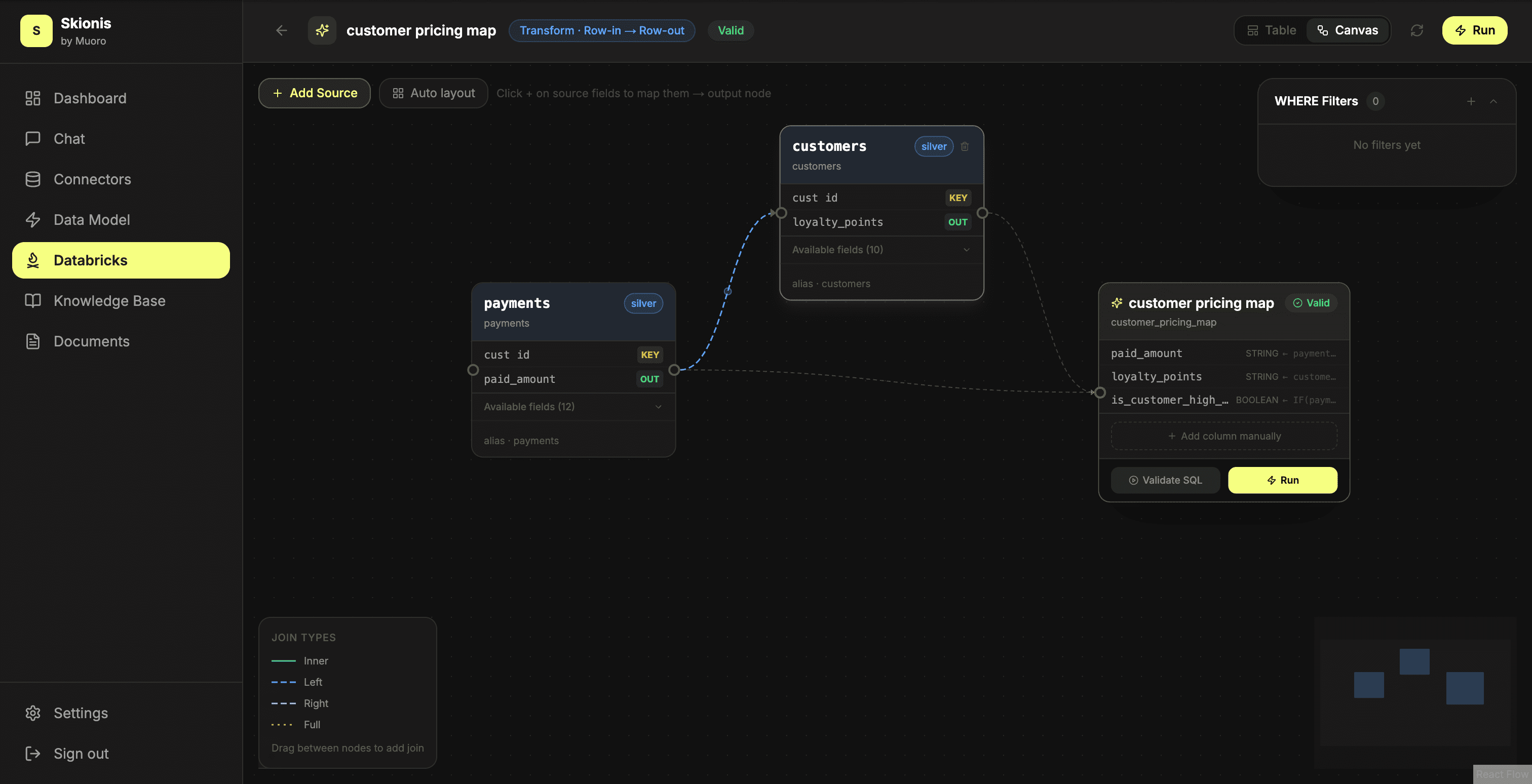 Skionis Gold Table Builder — visual JOIN canvas with customer, payments, and pricing tables